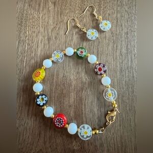 Colorful Floral Millefiori Beaded Bracelet and Earring Set